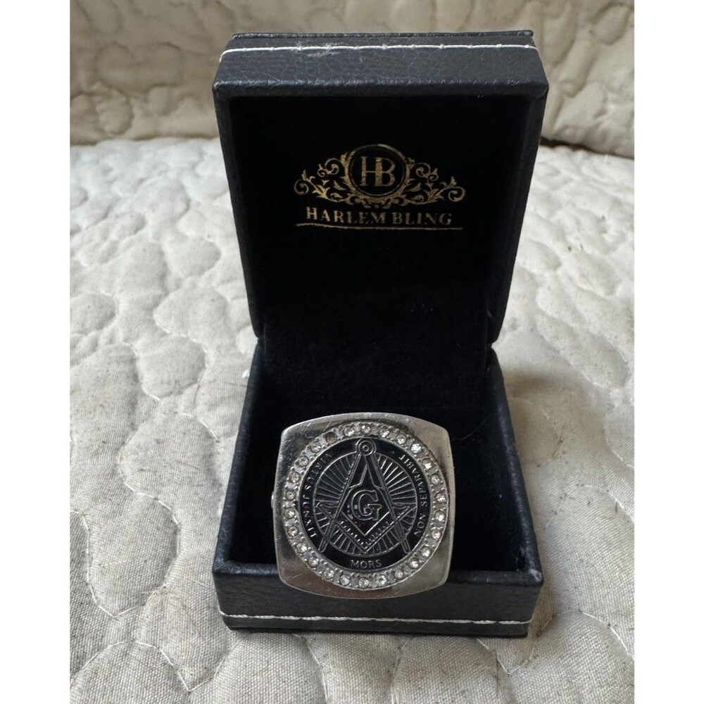 Harlem Bling Masonic Freemason Stainless Steel Ring CZ Signet w/ Box